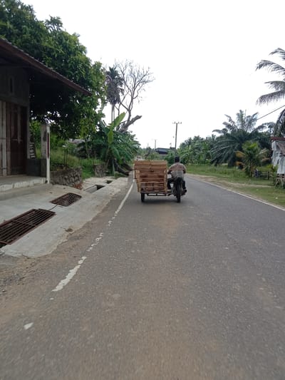 The image shows a road in Uleeblang, Indonesia. A man is driving a motorcycle with an attached sidecar, carrying a load of wooden crates. The road is asphalt and has white lane markings. Vegetation, including trees and banana plants, borders the road. A building is visible on the left side of the road. A motorcycle is parked on the right shoulder. The weather appears overcast.