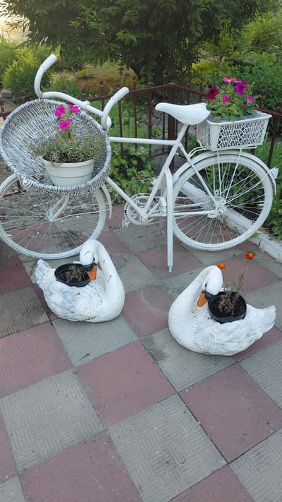 In Borodianka, Ukraine, a white vintage bicycle is parked on a checkered paved surface, its front basket filled with a potted plant and pink flowers. A white basket is mounted on the rear of the bicycle, also containing flowers. Two white swan-shaped planters are placed on the pavement in front of the bicycle, each holding a small plant. The scene is set against a backdrop of greenery and a metal fence.