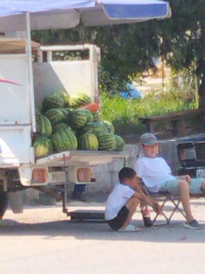 An outdoor scene in Ala-Buka, Kyrgyzstan, depicts a truck loaded with watermelons. Two young boys are present, one seated on a folding chair and the other squatting near the chair. The boy on the chair wears a white t-shirt and light-colored shorts, with a blue and grey cap. The squatting boy wears a white t-shirt and black shorts. A red and brown bottle, possibly a soda, rests on the ground between them. The truck bed is filled with numerous watermelons, predominantly green with darker stripes. The background shows greenery and trees, suggesting a warm, sunny day. The overall setting appears to be a roadside market or stand.
