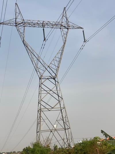 The image displays a large, grey, metallic lattice electricity transmission tower located in Fajo 2 Division Range, Nigeria. The tower dominates the frame, rising from the bottom edge and extending into the upper portion, featuring a tapering structure that widens at the top to support multiple power lines. These power lines are attached to the tower's cross-arms via several green-tinted insulators. The sky is uniformly light grey-blue, indicating either an overcast condition or atmospheric haze. The foreground and lower mid-ground contain dense green and brown vegetation, including bushes and the fronds of a plant resembling a banana tree on the right. In the distant background, partially obscured by foliage and atmospheric conditions, are the indistinct outlines of several buildings or structures. No individuals, specific actions, or interactions are visible within the scene.