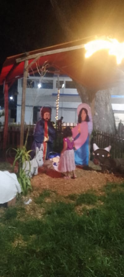 A nativity scene under a red-roofed structure is positioned on a lawn at night. Figures of Joseph, Mary, and animals surround a small girl in a pink dress who stands within the display. A building with lit windows is visible in the background behind the nativity. Light from a source above casts a bright glow on the scene, partially obscuring a large tree.