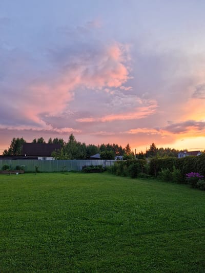 The image depicts a rural backyard scene in Sorochkino, Russia, during a sunset. The sky is filled with dramatic clouds displaying hues of pink, orange, and purple. In the foreground, a well-maintained green lawn stretches across the frame. A metal fence runs along the mid-ground, separating the lawn from a line of trees and several houses. One house, partially visible behind the fence, has a dark, sloped roof. Further to the right, a taller, light-blue house with a red roof is visible. Lush green hedges and bushes line the fence, with a cluster of vibrant purple flowers visible on the right side. Several wooden garden beds are also present along the fence line. The overall impression is of a tranquil evening in a residential area.