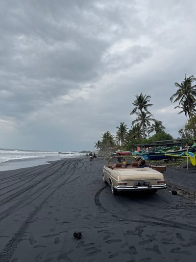This image depicts a black sand beach scene in Tibubiyu, Indonesia, under an overcast sky dominated by dense grey clouds. In the foreground and midground, a gold-colored vintage convertible car, with a tan interior, is parked on the dark sand. Two individuals are visible inside the vehicle; one in the driver's seat and another in the passenger seat, wearing a yellow top or headwear and looking towards the right. The car's trunk lid is slightly ajar. Numerous tire tracks, including those from the convertible, and footprints are imprinted in the black sand. Along the right side of the frame, a line of tall palm trees extends inland. Beneath the palm trees, several brightly colored traditional fishing boats (jukung-style), painted in blue, green, and red with yellow accents, are pulled ashore. In the distance, further down the beach to the left, two individuals are seen riding a motorcycle on the sand, with another person standing nearby. The ocean is visible on the left, with small waves breaking on the shore. A dark, organic object lies on the sand in the immediate foreground.