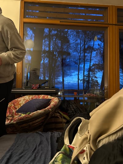 The image shows an interior scene, oriented vertically, with a large window taking up a significant portion of the view. Outside the window, a dusk or nighttime scene of bare trees against a blue sky is visible, potentially indicating a forest or park setting.

Inside, various objects and furniture are scattered. A keyboard is positioned below the window. A patterned cushion is on the right side of the keyboard. Cluttered clothing and bags are present on the right side, partially obscuring the view.

A person wearing a grey sweatshirt is present in the lower-left corner. The location, Baltezers, Latvia, cannot be confirmed from visual elements alone.