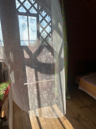 An interior shot depicts a room with wooden floors and walls, illuminated by sunlight streaming through a latticed window covered by sheer white floral curtains. The curtains are partially drawn, casting shadows on the floor and the wall. To the left, a portion of a patterned armchair is visible, with a green and red patterned cushion on it. To the right, a bed with striped bedding is partially visible. The scene appears to be a rustic dwelling, potentially in a rural setting. There are no people present in the image.
