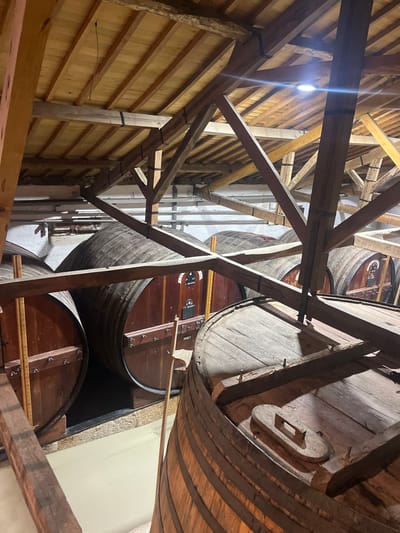 The image depicts the interior of a facility in Carrazeda de Ansiães, Portugal, characterized by large wooden barrels and an exposed timber roof structure. The scene is illuminated by artificial light, including a visible LED fixture.
In the immediate foreground, the top of a large, lighter-colored wooden barrel is present, featuring a rectangular wooden access hatch with a handle. Behind this, multiple rows of large wooden barrels are visible, receding into the background. The visible ends (heads) of several barrels are dark reddish-brown, secured with metal bands. One barrel in the mid-left has a vertical, marked wooden measuring stick leaning against its end. Another barrel in the mid-right is accompanied by a vertical, paddle-shaped wooden implement. Labels or plaques are affixed to the ends of some barrels; for example, one label displays "P.0. 1826 BAGA" and the number "20021." The barrels rest on a light-colored, possibly concrete, floor.
The upper portion of the image reveals a robust, exposed timber roof structure composed of heavy wooden beams, purlins, and rafters forming a truss system. Lighter-colored wooden planks form the underside of the roof deck. A single, bright, rectangular LED light fixture is mounted on a horizontal beam, casting a strong white light and producing a lens flare. The walls in the background are light-colored, possibly painted, with some texture visible. No individuals are present in the scene.