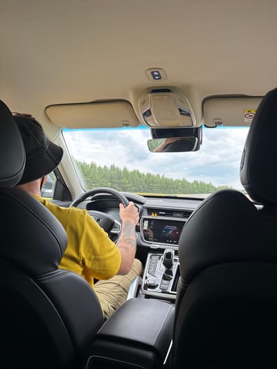 The image shows the interior of a car, as seen from the back seat, looking forward. A person wearing a yellow t-shirt and a bucket hat is driving. The person has tattoos on their arm. The car's dashboard and infotainment system are visible. The road ahead leads through a line of trees, under a cloudy sky. The image is taken in the vicinity of Дюсьметьево, Russia.