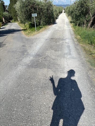 The image shows a split in a road lined with olive trees. A shadow of a person making a peace sign is cast on the asphalt in the foreground. A signpost points to "LA LUNARIA DI LAJATICO" down the right fork of the road. The scene is outdoors on a sunny day, with grass and trees on either side of the road. The road appears to be unpaved in the distance.