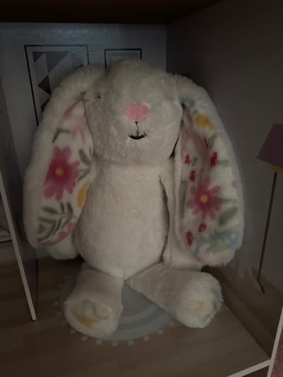 A white, plush stuffed bunny with floral patterned ears lies on a shelf. The bunny is facing upwards and to the right. It has a pink embroidered nose and a pink heart shape on its face. Its ears are white with a pattern of pink and yellow flowers and green leaves. The bunny's body is fluffy and white, and its paws are also white. One paw has a faint yellow stain. The bunny is lying in a cardboard box or display unit. The inside of the box has a patterned design on the sides, with geometric shapes and dots. The background is dark and out of focus. The lighting suggests an indoor setting, likely during the day, given the ambient light. There is no visible text in the image. The overall impression is of a cute, soft toy.