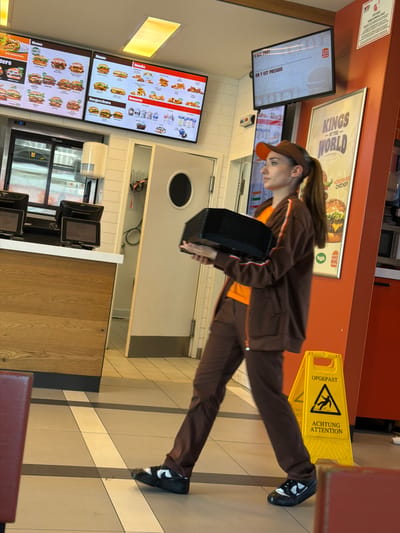 A young woman, wearing a brown Burger King uniform, is carrying a stack of black food trays. She is walking in profile from left to right in front of a red wall. The woman has long brown hair tied in a ponytail and is wearing an orange visor. She is also wearing brown pants and black and white shoes with thick soles. To her left, there is a wooden counter with computer screens on it. To her right, there is a yellow "Wet Floor" sign in three languages: Dutch, German, and French. In the background, there are menu boards displaying various food items, a television screen displaying the Burger King logo and text, and a poster that says "KINGS OF THE WORLD." The location is identified as a Burger King restaurant in Mondercange, Luxembourg.