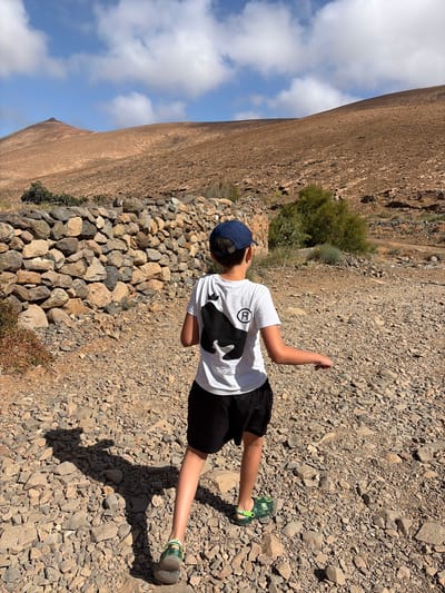 A young boy, seen from behind, walks on a gravel and rocky path under a clear blue sky with scattered white cumulus clouds. He wears a white short-sleeved t-shirt with a large black graphic and a registered trademark symbol (R in a circle) on the back, dark shorts, and a blue baseball cap. His footwear consists of green and black sandals, with a "Minecraft" Creeper design visible on the left sandal. A distinct, elongated shadow of the boy is cast on the ground to his left, indicating strong sunlight.
The terrain is arid and stony, composed of various sizes of brown, grey, and tan rocks. To the left, a dry-stone wall, meticulously constructed from local rocks, stretches horizontally across the mid-ground. Sparse green and reddish-brown low-lying vegetation is visible near and behind the wall, as well as in the mid-distance on the right. The background is dominated by large, barren, brown hills characteristic of a dry, volcanic landscape, with a prominent conical peak visible on the far left. This scene is located in Pájara, Fuerteventura, Spain.