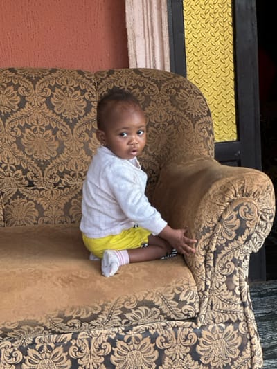A young child, clad in a white, button-down shirt and yellow shorts, is precariously perched upside down on a patterned gold and black sofa. The child’s face, turned upwards, is filled with surprise or perhaps mild alarm. A single white sock adorns one foot, and a tiny hand grips the edge of the sofa. The background reveals a peach wall and a window featuring gold metal latticework.