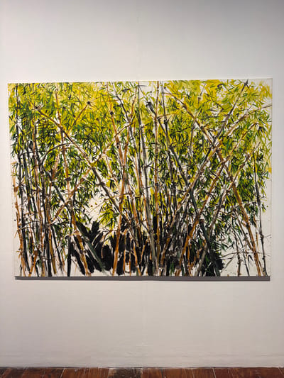 The image shows a tall, narrow painting on a white wall. The painting depicts a dense cluster of bamboo stalks and leaves rendered in a loose, expressive style. The bamboo is predominantly green and yellow, with brown and black accents for the stalks and shadows. The brushstrokes are visible and energetic, suggesting movement and a sense of natural growth. The composition is abstract, focusing on the textures and interplay of light and shadow within the bamboo thicket. There is no visible text in the image. The painting is hung in a gallery or art space, as indicated by the plain white wall and the adjacent wooden paneling, which may be part of the building's architecture or a display element. The lighting suggests an indoor environment, possibly with natural light supplementing artificial sources. The overall impression is one of organic vitality and a focus on the visual qualities of the bamboo itself. The location context of La Cuesta, Spain, does not provide specific visual cues within the image itself, but situates the artwork in a particular geographical and cultural setting.