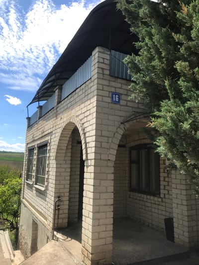 A low-angle view of a brick building in Petrykiv, Ukraine. The building has a light-colored brick facade with arched openings. A tree with dense green foliage obscures part of the upper-left corner of the building. A dark awning with a metal roof extends from the building, partially covering the blue sky with wispy clouds. A blue sign with the number "16" in white is mounted on the brick wall. Windows with dark frames and multiple panes are visible on the building. A field and some trees are visible in the background.