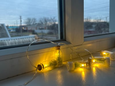 A string of miniature decorative lights is positioned on a white windowsill, likely in Dmitrievskaya, Russia. Each light unit consists of a small glass bottle with a cork stopper, containing an artificial evergreen tree and an illuminated warm yellow LED light. The bottles are connected by a thin, clear wire. Through the white PVC window frame, a blurred outdoor scene is visible under an overcast or twilight sky. The background reveals a corrugated roof structure to the left, a utility pole with overhead lines, bare trees, and distant buildings, indicative of a residential or semi-urban environment. No individuals or specific actions are depicted.