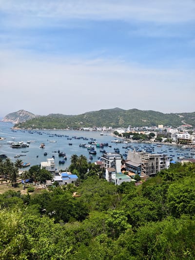 This is a wide-angle, elevated shot of a coastal town and harbor in Vinh Hai, Vietnam. The scene is dominated by a large number of boats anchored in a calm, blue bay. In the foreground, lush green trees and vegetation cover a hillside. Moving towards the middle ground, various buildings, including multi-story structures and smaller homes, are visible along the waterfront, interspersed with palm trees. The bay itself is densely populated with boats of varying sizes, many appearing to be fishing vessels. In the background, rolling green hills rise from the coast, with some structures visible on their slopes. The sky above is a clear blue with scattered white clouds. The overall impression is that of a bustling coastal community with significant maritime activity.