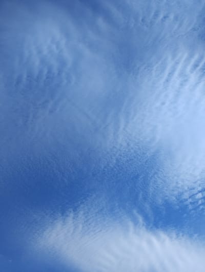 A vertical, eye-level, full shot captures a bright blue sky with wispy, white clouds. The clouds appear thin and scattered, with some forming parallel, undulating patterns. The lighting is even, indicating daylight, and the image is devoid of any discernible landmarks or human presence within the frame, therefore no specific location in Багушэвіцкі сельскі Савет, Belarus can be identified.