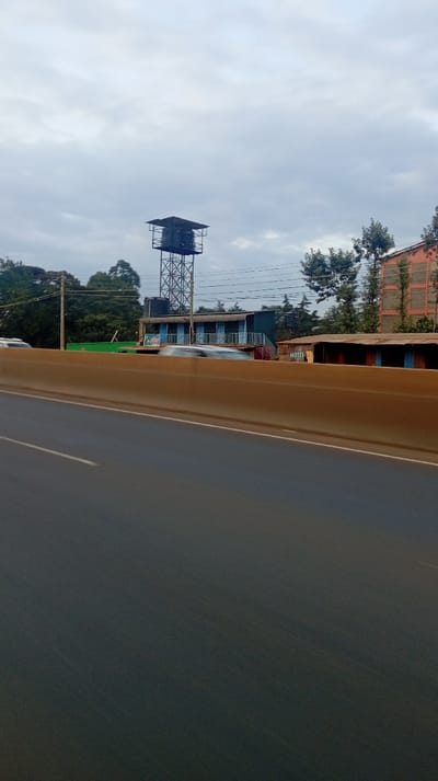 A roadside view presents a tall, weathered water tower with a skeletal frame near a low building adorned with blue accents. Next to it, a longer structure bears the sign "HOTEL." An orange barrier parallels the road, with cars blurred by motion. The background features scattered trees and a tall, reddish-brown building. Overcast skies complete the scene.