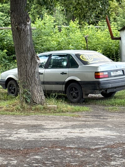 A silver Volkswagen Passat, model B3, is parked on a dirt and asphalt road next to a large tree. The car is viewed from the rear right side. It has a license plate that reads "956 ATV 10 KZ". A yellow circular sticker with a Volkswagen logo and "Volkswagen Club.kz" is visible on the rear window. The car is surrounded by overgrown green foliage and appears to be in a rural or semi-urban setting. A rusty pipe extends from a light-colored structure on the right side of the image, behind the car. The ground is covered in a mixture of dirt, gravel, and sparse grass. The sky is not visible. The image was taken in the village of Ayet, Kazakhstan.