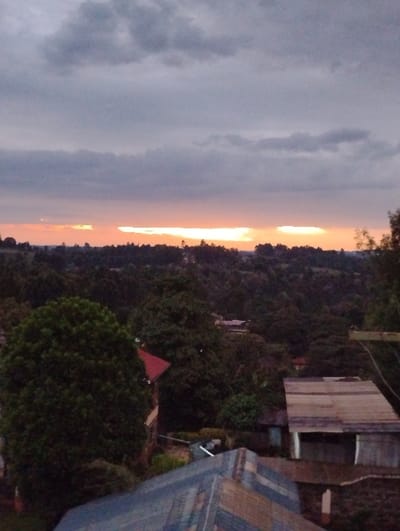 The image depicts an elevated, wide-angle view of a residential and vegetated area within Kikuyu Township ward, Kenya, during twilight hours, either dusk or dawn. The upper third of the frame is dominated by a mostly overcast sky, characterized by grey, horizontally layered clouds. Along the horizon, a distinct, intense orange-yellow glow is visible, indicative of the sun's position, partially obscured by the distant landscape.

The midground is densely covered with dark green foliage from numerous trees, forming a thick canopy that suggests a heavily wooded area or a valley. Glimpses of other distant structures with rooftops are visible through the trees.

In the foreground, from an elevated perspective, multiple building roofs are prominent. To the lower right, a rectangular roof constructed of corrugated metal sheets shows signs of weathering, appearing in shades of grey and muted brown. To the lower left, partially obscured by a large, leafy green tree, is the upper section of a red-tiled roof belonging to another structure. No individuals or specific actions are discernible within the frame.
