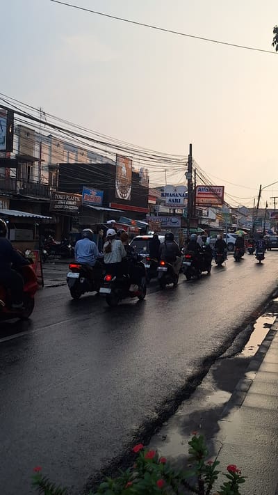The image depicts a street scene in Karawang, Indonesia, characterized by moderate traffic and commercial establishments lining the road. The time of day appears to be late afternoon or early evening, with the sky exhibiting a soft, diffused light. The road is wet, suggesting recent rainfall, with reflections visible on the asphalt.
A procession of motorcycles dominates the foreground and midground, with riders and passengers engaged in transit. The motorcycles are of various models, and the riders are dressed in casual attire, with some wearing helmets for safety. The riders are positioned in a staggered formation, moving along the road.
On the left side of the street, several storefronts are visible. One prominent sign reads "TOKO PLASTIK," indicating a plastic goods store. Another sign displays "MAKMUR SARI," likely a business name. Further down the street, a sign for "Alfamart" is clearly visible, a common convenience store chain in Indonesia. Other businesses appear to be present, some with awnings and displays.
Overhead, a complex network of electrical wires crisscrosses the scene, a common feature in urban Indonesian landscapes. The buildings are varied in architectural style, suggesting a mix of older and newer constructions.
In the lower right corner, a small cluster of red flowers adds a touch of natural color to the otherwise urban setting. The overall impression is one of a bustling urban environment in Karawang, engaged in daily commercial activity despite the damp conditions.
