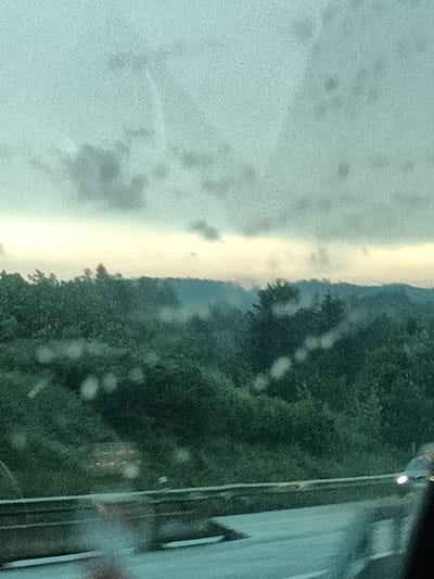 This media file depicts a landscape scene, likely taken from a moving vehicle, overlooking a highway and a densely forested area. The foreground shows a wet asphalt road with white lane markings, suggesting recent rain or a damp surface. A guardrail runs along the edge of the highway, separating it from the natural landscape.
The midground is dominated by a thick expanse of green trees, appearing as a lush, undulating forest. Some of the trees show darker shades, indicating depth and varied foliage. In the distance, the forest continues, with layers of hills and trees fading into a soft, hazy blue.
The sky above is overcast with a pale yellow and grey color gradient, indicating either dawn, dusk, or a heavily clouded day. Darker, diffused clouds are scattered across the sky. There are several blurry, circular highlights present throughout the image, which appear to be water droplets on a window, further reinforcing the idea that the photo was taken from inside a vehicle during or after rain.
The overall mood is serene and somewhat subdued, characterized by the muted colors and the soft focus. The presence of the highway suggests a rural or semi-rural setting in Hrusice, Czechia, with nature prominently featured alongside infrastructure. No people or specific objects are clearly identifiable, other than the suggestion of vehicles on the highway. The time of day appears to be either early morning or late evening, given the quality of light.