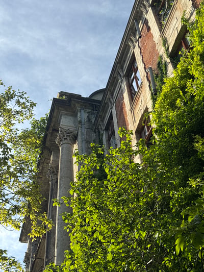 A low-angle, upward-tilted shot reveals the facade of a building, partially obscured by lush greenery. The building features brickwork and ornate stone detailing. Some windows are visible, while others appear boarded up or damaged. The blue sky is visible in the background. Based on the prompt's information, the location is Tsanbaikwara, Abkhazia. No people are visible.