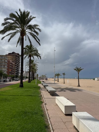 This is a wide-angle, vertical photograph of a beachfront promenade in Grau I Platja, Spain, on a cloudy day. The foreground features a neatly mown green lawn bordered by a paved walkway. A row of modern, minimalist concrete benches lines the walkway, casting shadows on the patterned paving stones. Beyond the lawn and walkway, a line of palm trees separates the promenade from a wide, sandy beach. The beach is sparsely populated with a few individuals visible in the distance. The Mediterranean Sea is visible as a calm body of water under a dramatic, overcast sky filled with dark, heavy clouds. Along the left side of the image, a multi-story building with a reddish-brown facade and balconies stands adjacent to the promenade. A red-and-white striped bike lane or walking path runs parallel to the building, separated by a strip of grass. A white van is parked on the street behind this path. The overall scene depicts a quiet, off-season atmosphere at a coastal resort.