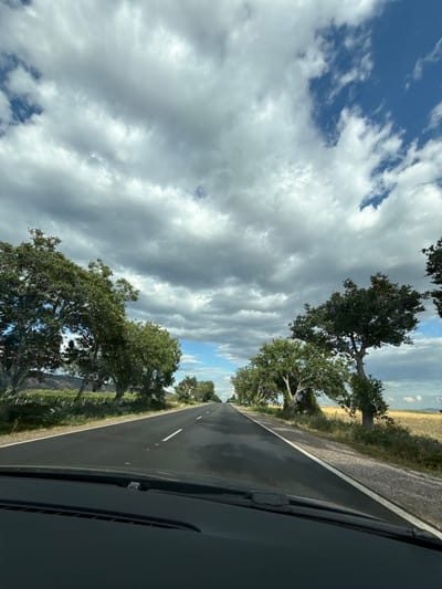 The image depicts a rural road winding through a landscape with a dramatic sky. The road is asphalt, with a white line marking the lane. On either side of the road are mature trees with lush green foliage, casting shadows. Beyond the trees, the land appears to be a mix of cultivated fields and natural vegetation, with rolling hills in the distance. The sky is a prominent feature, with a mix of heavy, dark clouds and patches of bright blue sky, suggesting dynamic weather conditions. The perspective is from inside a vehicle, looking out over the dashboard and windshield. The scene is set in Kaloyanovo, Bulgaria, a town known for its agricultural landscape. There are no people or animals visible in the image. The overall impression is one of a journey through a scenic, rural environment under a changeable sky.