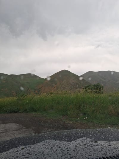 The media file shows a landscape scene with rolling hills covered in green grass and some sparse vegetation. The sky is overcast with heavy clouds, suggesting a cloudy or rainy day. The foreground features a wet asphalt surface with numerous water droplets, indicating recent rainfall. The overall impression is one of a natural landscape during inclement weather. The image is oriented vertically. There are no people or discernable objects in the scene, aside from the natural elements and the road. The time of day is not clear due to the overcast sky, but the mood is subdued and somewhat melancholic. The location is identified as Martiros, Armenia.