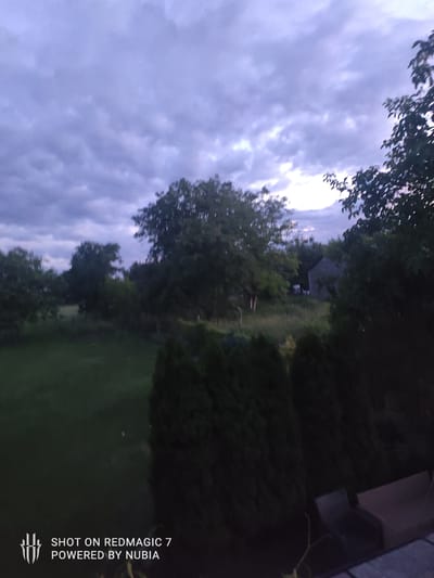 The image shows a blurry, overcast sky with dark clouds. In the foreground, there are several dark green evergreen trees. To the left, a patch of green grass is visible. In the middle ground, there are various trees and some brush. In the background, a small, grey building with a dark roof is partially obscured by trees. The overall impression is of an outdoor scene in a rural or suburban setting during twilight. The watermark in the bottom left corner indicates the image was taken with a REDMAGIC 7 phone. The location of Dmosin, Poland, is not discernible from the image itself.