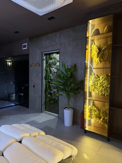 The image depicts a spa or sauna area with a modern, clean aesthetic. In the foreground, several white, cylindrical cushions are arranged on the floor. To the right, a tall, narrow display cabinet with wooden shelves is illuminated by vertical LED lights. This cabinet houses various spa accessories, including what appear to be hats and bundles of dried leaves, possibly for use in a sauna. A large, potted green plant stands to the left of the display cabinet. Behind the plant, a doorway leads into a small room with a rock wall and dense greenery, resembling a small indoor garden or a spa treatment area. To the left of this doorway, a glass-enclosed room is visible, containing a wooden bucket and a dark, brick-like interior, suggesting a sauna or steam room. A red fire extinguisher is positioned near the base of the display cabinet. The walls are a dark, neutral color, and the floor is tiled in a large format, light gray. An air conditioning unit is mounted on the ceiling. The lighting is dim, with the primary illumination coming from the display cabinet and a few accent lights. The overall scene suggests a tranquil and well-maintained spa environment. The location in Chingeldi, Uzbekistan is not ascertainable from the image itself.