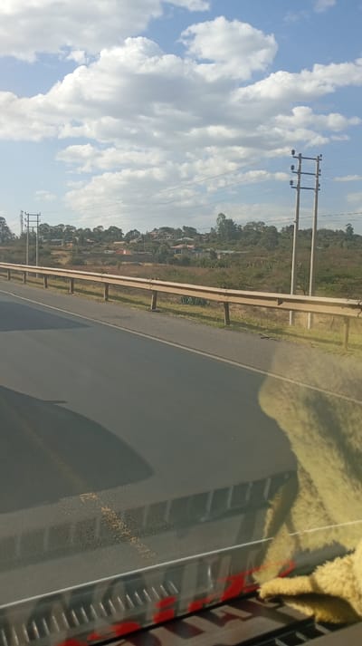 A sun-drenched scene shows a highway with a grey road surface and a metal guardrail along the side. Beyond the rail, a landscape of trees and scattered houses stretches into the distance. Power lines run parallel to the road, supported by utility poles. The sky is filled with fluffy white clouds against a clear blue backdrop. The view is captured from inside a vehicle, with reflections and interior elements visible in the foreground.
