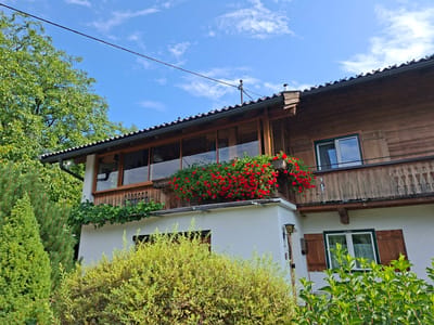 The image shows the facade of a two-story building with wooden siding on the upper level and white stucco on the lower level. A balcony with a railing runs along the upper floor, and it is adorned with a vibrant display of red flowers in planters. A large window with wooden trim is visible on the upper floor, and a smaller window with wooden shutters is on the lower floor. The building is surrounded by lush greenery, including trees and bushes. The sky above is blue with scattered white clouds, and a black wire stretches across the upper portion of the frame. The scene suggests a residential setting in a town or village, possibly in the Austrian Alps, given the architectural style and natural surroundings. The location is identified as Münster, Austria.