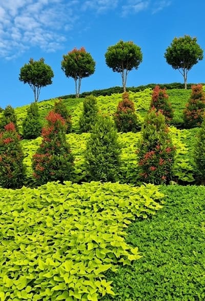 The image depicts a beautifully landscaped hillside in Bintang Meriah, Indonesia. The scene is dominated by lush greenery, with varying shades and textures of plants arranged in layers on the slope. In the foreground, a dense ground cover of bright chartreuse leaves creates a vibrant carpet. Behind this, a darker green, finely textured hedge-like plant forms a contrasting band. Further up the hill, a row of conical evergreen trees, some with striking reddish-new growth, punctuate the landscape. At the crest of the hill, several mature trees with rounded canopies stand against a clear blue sky dotted with wispy white clouds. The overall impression is one of a well-maintained and aesthetically pleasing natural environment. There are no people or animals visible in the image.