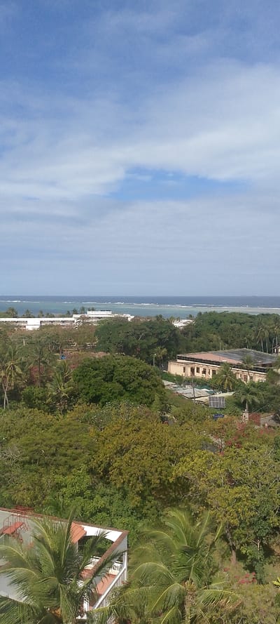 The image depicts an elevated panoramic view of Ziwa La Ng'ombe ward, Kenya, under a bright blue sky with scattered stratocumulus clouds. The horizon reveals the Indian Ocean, characterized by a deep blue expanse transitioning to lighter turquoise near the shore, with a distinct, horizontal line of white breaking waves or coral reef in the mid-distance. The landmass below is extensively covered in dense, lush green vegetation, primarily composed of numerous trees, including prominent palm trees and various broadleaf species.
Within this verdant landscape, several man-made structures are visible. Towards the coastal mid-ground, a long, multi-story white building with a flat roof, possibly a hotel or resort, is situated. Further inland and to the right, a two-story beige building with a reddish-brown, gabled roof features multiple solar panels installed on its upper surface. Adjacent to and below this building are several smaller, less defined structures, some appearing to have corrugated metal roofs. In the bottom-left foreground, the white railing and reddish-brown tiled roof of an upper building level or balcony are partially visible, framed by the fronds of a palm tree. No individuals, specific actions, or direct interactions are discernible within the scene.