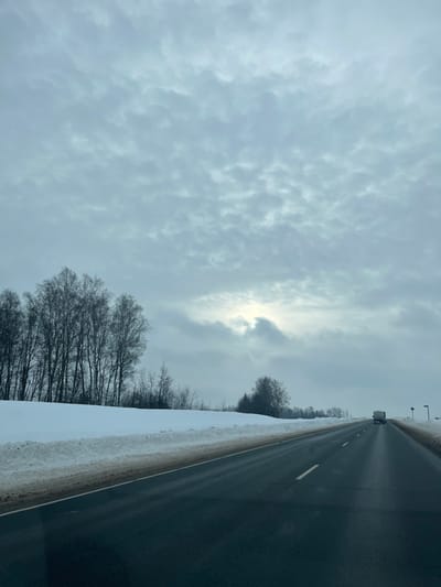 The scene depicts a two-lane asphalt highway traversing a snow-covered winter landscape in Shelepino, Russia. The road surface appears dark and damp, extending into the distance under an overcast sky. White dashed lines demarcate the lanes. Substantial snowbanks, with dirty brown-grey lower edges, flank both sides of the road. To the left, a dense formation of bare deciduous trees, characterized by dark, leafless branches, stands beyond the snowbank. The sky is uniformly covered by a thick layer of grey, textured clouds, with a localized brighter area in the middle-right suggesting an obscured light source. A light-colored van or small truck is visible in the distance, traveling away from the viewer in the right lane. Two vertical road signs are discernable on the right shoulder, beyond the van. No individuals are present in the observable environment.