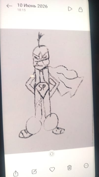 The image displays a sketch of a character resembling a superhero with a cape, wearing a mask, and having "SP" on its chest. The character has large feet and a tuft of hair on its head. The drawing is in black and white and appears to be a rough sketch on a light-colored background. The timestamp at the top of the image indicates it was taken on "10 Июнь 2026" at "18:15", which translates to June 10, 2026, at 6:15 PM. There is no discernible location in the city of Piekūni, Latvia, as the image is a photograph of a sketch.