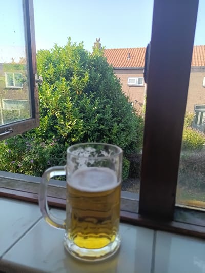A close-up, slightly blurry shot features a glass mug filled with golden-yellow beer, complete with a foamy head, positioned on a tiled surface. The mug is placed on a window ledge, with an open window in the background revealing a lush green garden and a brick house with an orange-tiled roof under a clear blue sky. The setting appears to be a residential area in Zwartewaal, Netherlands. The window frame is dark brown, and the glass has some smudges on it.