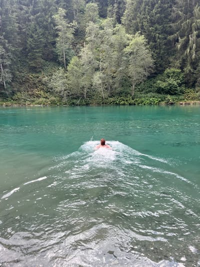 The image depicts a single individual swimming in a clear, turquoise-green body of water in Reitlehen, Austria. The person, viewed from behind, has reddish-brown hair and is partially submerged, propelling through the water and creating a distinct white wake and surface splashes. The water exhibits high clarity, allowing the visible-light perception of the submerged bottom in the foreground. The background features a steep, densely vegetated hillside rising directly from the water's edge. This hillside is covered by a mixed forest of coniferous and deciduous trees, with thick green undergrowth at its base along the waterline. The scene is a natural outdoor environment.