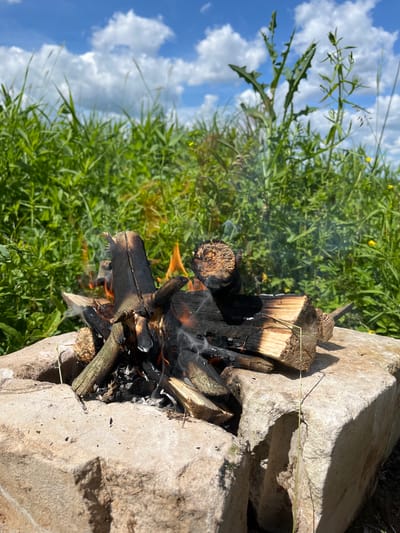 The image shows a small campfire burning outdoors, surrounded by rocks and lush green vegetation. The fire is composed of several pieces of wood, some of which are charred and smoldering, while others are actively burning with orange flames. Wisps of smoke rise from the fire, obscuring the background slightly.
The scene appears to be set in a natural environment, possibly a field or a meadow, given the abundance of grass and other plants. In the background, a bright blue sky with scattered white clouds is visible. The lighting suggests it is daytime, likely midday or early afternoon, as the sun casts distinct shadows from the rocks and the fire.
The overall impression is one of a peaceful, rustic outdoor setting, perhaps a picnic or a moment of relaxation in nature. There are no people visible in the image. The rocks appear to be large and weathered, forming a natural enclosure for the fire. The vegetation is a vibrant green, indicating a healthy growing season.
The image is oriented vertically, which gives a sense of looking up towards the sky and down at the campfire. The focus is primarily on the fire and its immediate surroundings, with the natural landscape serving as a backdrop. The composition highlights the contrast between the man-made fire and the natural elements.
No visible text is present in the image. The location context provided is Rychino, Russia.
