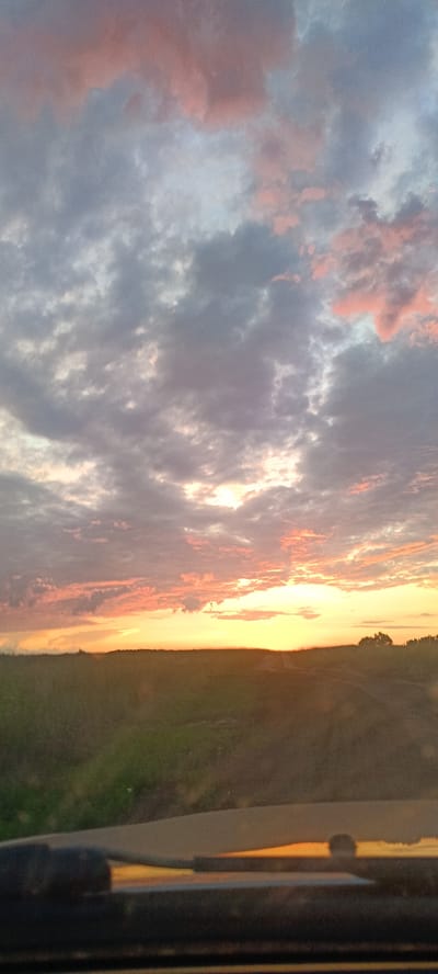 This media file captures a picturesque sunset over a rural landscape in Frolovka, Russia. The sky is a canvas of dramatic clouds, painted with hues of pink, orange, and gray. The setting sun casts a warm, golden glow across the horizon, illuminating the wispy clouds and creating a serene, almost ethereal atmosphere.
The foreground is dominated by a dark, out-of-focus element, possibly the interior of a vehicle, with a reflective surface showing the colors of the sunset. Beyond this, a vast, green field stretches towards the horizon. The field appears to be slightly uneven, with some subtle variations in texture and color, suggesting it is a natural or agricultural area. In the distance, a faint line of trees marks the edge of the landscape.
The time of day is clearly sunset, indicated by the intense colors in the sky and the low angle of the sun. The weather appears to be clear, with the clouds adding visual interest rather than obscuring the sky. There are no people or specific objects prominently featured, allowing the natural beauty of the scene to take center stage. The overall mood is one of tranquility and natural beauty, evoking a sense of peace and wonder associated with the end of the day. There is no visible text in the image.