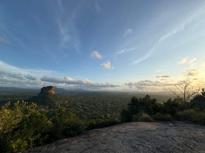 This image depicts a scenic view in Sigiriya, Sri Lanka. In the distance is the iconic rock fortress, partially obscured by lush green forest covering the landscape between the viewer and the landmark. The sky is a light blue with scattered white clouds and a gradient towards a yellowish hue near the horizon. In the foreground, a rocky surface dominates the lower portion of the frame, with vegetation growing from the sides of the frame.