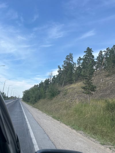 The image captures a view from a moving vehicle on a highway near Nizhny Bestyakh, Russia. The highway, marked with a white line, curves to the left in the foreground. On the right side of the road, a steep, dry, grassy hillside rises, dotted with sparse pine trees. Several streetlights line the left side of the highway, with a few cars visible in the distance. The sky is a pale blue with wispy white clouds.