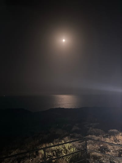 A full moon illuminates a hazy night sky over the Mediterranean Sea in Puerto de Mazarrón, Spain. The moon's light reflects as a shimmering path across the water. In the foreground, a dark, rocky hillside covered with dry vegetation slopes down towards the sea. A black metal railing runs along the edge of the viewpoint. The scene is dimly lit by the moonlight and possibly artificial lights from the town, creating a serene and somewhat mysterious atmosphere. There are no people visible in the image.
