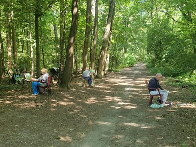 The image depicts an outdoor scene within a wooded area, likely a park, in Falkensee, Germany. Three individuals are engaged in artistic pursuits, set against a backdrop of lush green trees and a dirt path.

On the left side of the image, a person wearing a straw hat and a patterned shirt is seated in a red folding chair, actively painting on an easel. Beside them, another individual is also seated, facing an easel and appearing to be painting or drawing. Bicycles are visible in the background near the seated artists.

Further down the path, to the right, a third individual is seated in a burgundy chair. This person is focused on drawing or sketching on a pad resting on their lap, with a plastic bag and a blue cup on the ground beside them.

The ground is covered with a mix of dirt and fallen leaves, and dappled sunlight filters through the dense foliage of the trees, casting shadows across the scene. The overall atmosphere suggests a peaceful, creative outing in nature.