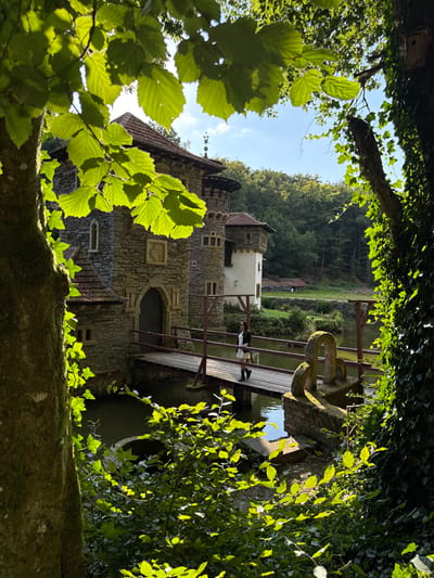 A sunlit scene depicts a stone castle-like structure in Groussbus-Wal, Luxembourg, viewed through foreground foliage. The primary building, constructed of grey stone with a reddish-brown tiled roof, features a central arched wooden door and a carved stone relief above. Adjacent to it are a smaller stone turret with a conical roof and a white-painted building section. A dark body of water surrounds the structure. A wooden bridge with brown metal handrails connects to the building's entrance. A lone female, dressed in a white top, dark jacket, and dark boots, stands on the bridge, oriented towards the right. A weathered, abstract stone sculpture is positioned at the water's edge to the right of the bridge. The foreground includes a moss-covered tree trunk and bright green leaves on the left, and an ivy-clad tree with a birdhouse on the right. A dense green forest occupies the background beneath a blue sky.