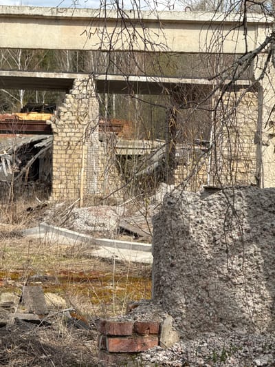 An image captures a scene of extensive decay within what appears to be an abandoned industrial or large concrete building, located in Гремяча, Russia. The perspective is from among dry, bare tree branches and sparse vegetation, looking towards the dilapidated structures.
The primary subjects are the remnants of concrete and brick architecture. On the left, two prominent vertical concrete pillars stand, showing signs of weathering. Further into the scene, various sections of the building constructed from light-colored bricks, some exhibiting intricate patterns, are visible, interspersed with more concrete elements. One large concrete mass in the foreground, to the right, displays a rough, coarse texture with exposed aggregate, suggesting heavy wear or damage. Below it, a pile of red bricks is discernible amidst the debris.
The scene is dominated by a sense of abandonment and ruin. Walls are broken, and dark openings suggest access to lower, unseen levels of the structure. The ground and lower levels are overgrown with dry grass, weeds, and numerous bare, skeletal branches crisscrossing the frame, indicating either late winter or early spring.
The lighting suggests it is daytime, with strong sunlight casting distinct shadows, highlighting the textures of the concrete and brickwork and creating contrast within the scene. No human activity or presence is visible, reinforcing the atmosphere of desolation. There is no visible text in the image.