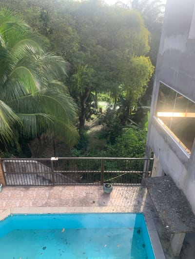 This image depicts an outdoor residential or resort-like scene in Lauro De Freitas, Brazil, viewed from an elevated position. The foreground features a rectangular swimming pool with light blue water containing scattered organic debris, primarily leaves. Surrounding the pool is a patio paved with light-colored, patterned tiles, showing some dark stains or dirt. A dark-colored metal railing fence separates the patio from a lower, densely vegetated area. A green potted plant is visible on the patio near the fence. To the immediate right of the pool, a grey concrete structure, possibly a diving platform base or an extension of the building, juts out over the water.
The midground consists of a lush, tropical landscape dominated by various green trees and undergrowth. A dirt path or clearing is visible winding through the vegetation. Further back and slightly to the left, a body of water, possibly a pond or marsh, is partially visible, appearing light green due to surface vegetation or reflections. On the far left, large fronds of a palm tree extend into the frame, partially obscuring a weathered wooden fence.
On the right side of the image, a section of a multi-story building constructed from grey concrete is visible. This building appears to be unfinished or under renovation. It features large, reflective, possibly tinted or mirrored windows that strongly reflect bright sunlight, originating from the upper right. No individuals, actions, or interactions are present in the scene. The environment is bright and sunny.