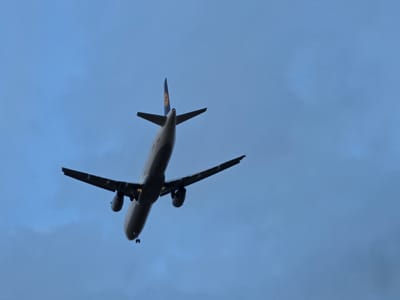 An under-view shot of a Lufthansa passenger jet flying against a pale blue sky. The aircraft is shown from below and behind, with its landing gear extended, suggesting it is on approach. The tail of the plane displays the distinctive yellow crane logo of Lufthansa. The sky appears overcast, with faint cloud formations visible. The photo was taken from Flörsheim, Germany.